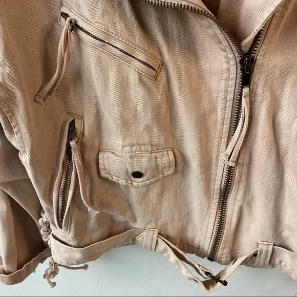 free people pink denim zip up moto jacket size s small - Picture 5 of 9